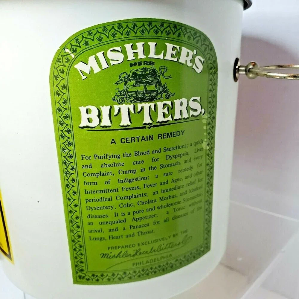 Vintage OOAK Ice Bucket medicinal bitters Labels Dr Jacob's Lashs Mishlers Wheat